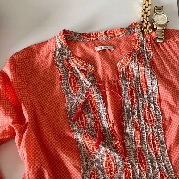 J. Crew Tops - J. Crew - Neon Papaya Coral Dot Tassel Tie Tunic